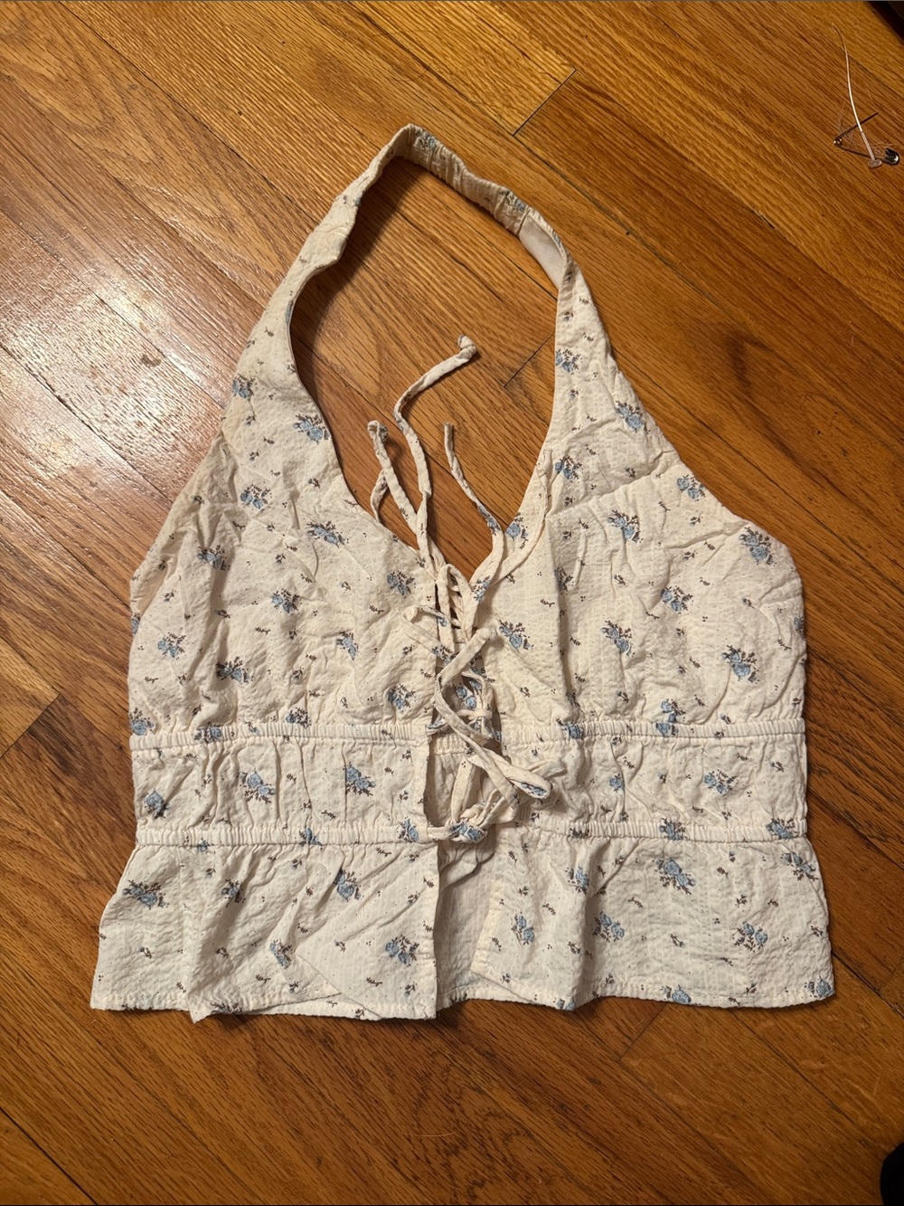 Cream Floral Lace-Up Halter Crop Top